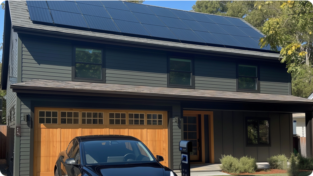 House with rooftop solar panels and an electric vehicle plugged into a charger