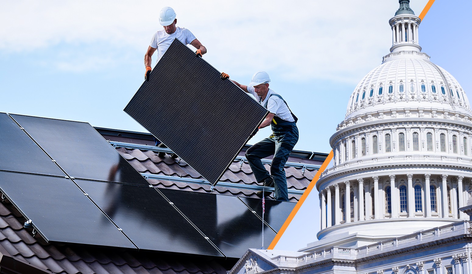 Two workers install solar panels on a roof, with the U.S. Capitol building in the background, symbolizing renewable energy and policy.
