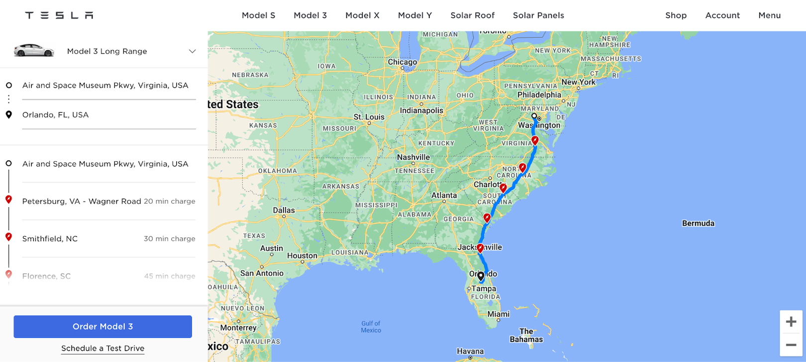 Tesla supercharger route