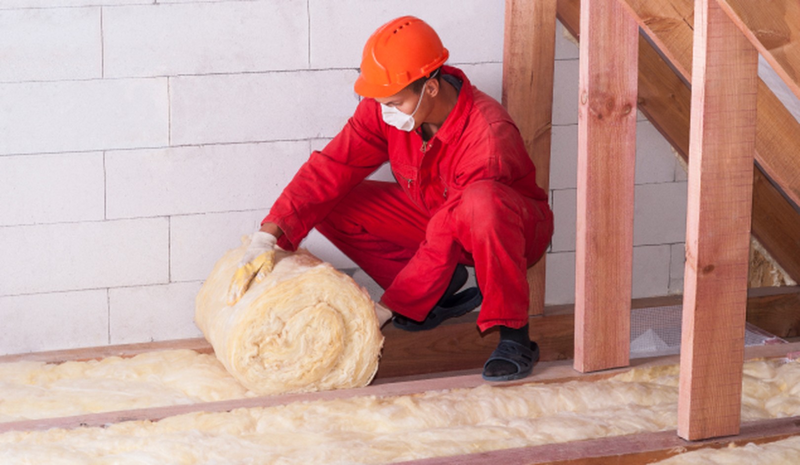 Guy rolling out fiberglass batts in an attic